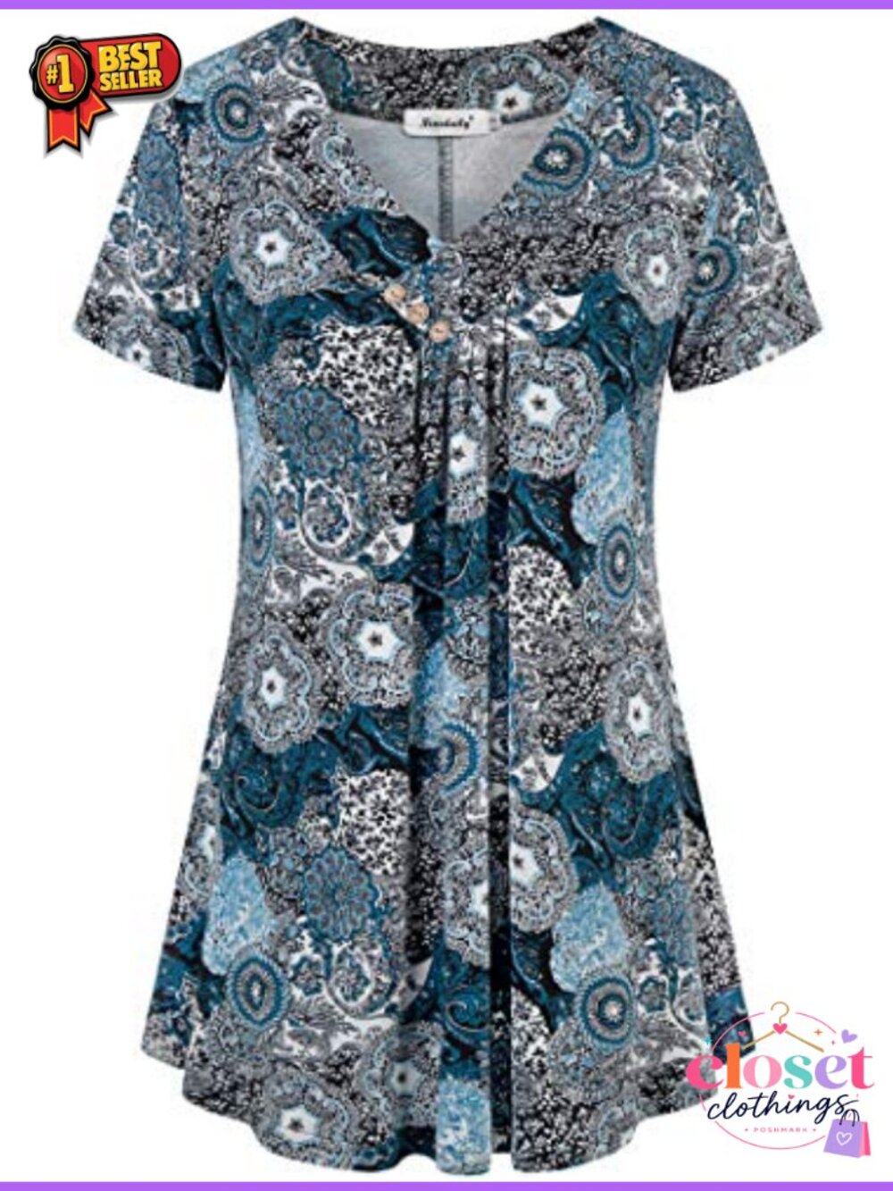 Women Tunic Top Short Sleeve V Neck Flowy Rayon Blouse